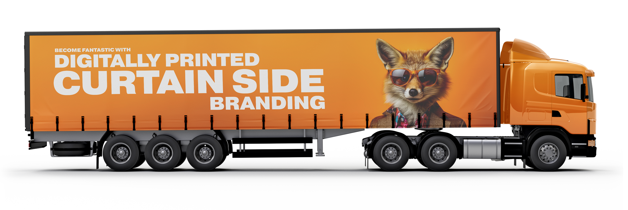 Curtain-sider lorry with printed graphics