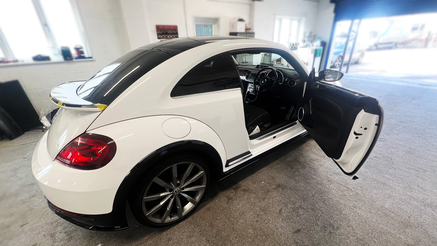 VW Beetle after a white colour change wrap