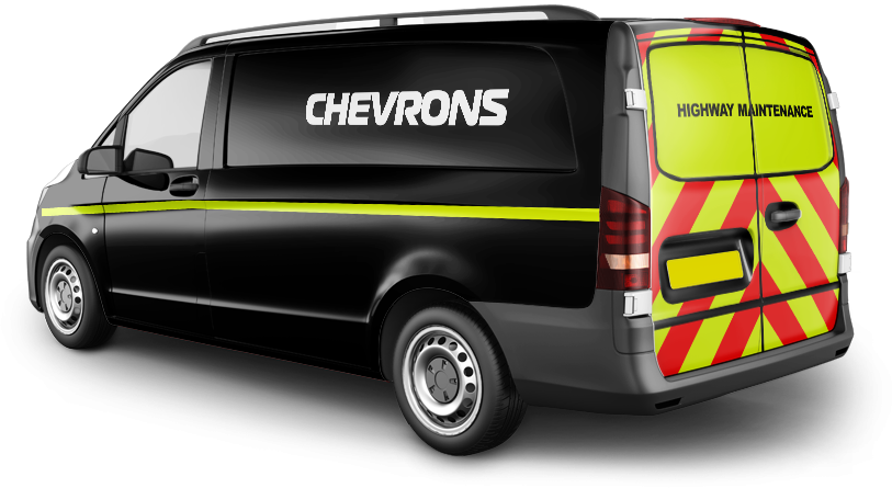 Black van with reflective Chapter 8 chevrons on the rear